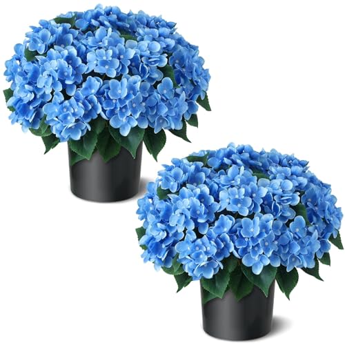 Artificial Hydrangea Topiary Ball Trees - 2 Sets Outdoor Faux Plants, UV-Resistant, 18 Inch
