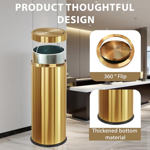 KRCKWYGF Gold 30L Brass Commercial Trash Can - Double-Layer Flip Lid Kitchen Waste Bin