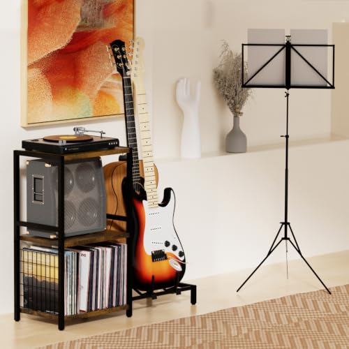 YAKANJ End Table with Guitar Stand and Vinyl Record Storage - Brown