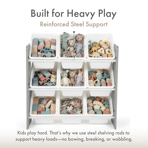 Humble Crew Kids Toy Organizer with 9 Removable Bins, 3-Tier Storage, White & Grey