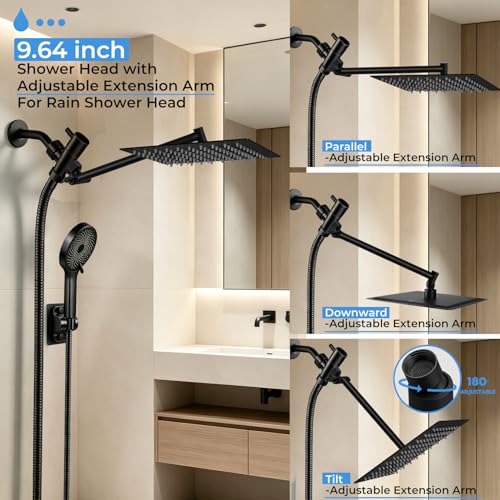 Yurnomy Black 8 Inch Multifunction Rain Shower Head with Handheld Spray & 11" Extension Arm