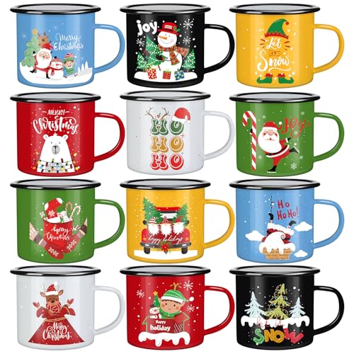 12 Pack Christmas Enamel Coffee Mugs Set - Holiday Holiday Gift