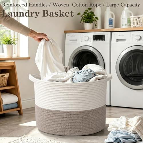 115L Extra Large Woven Laundry Basket - White & Brown, Collapsible Storage