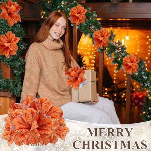 Hotop 6 Pcs Glitter Poinsettia Flowers with 3 Heads - Orange