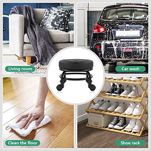 FURWOO Black PU Leather Rolling Stool with Wheels - Low Manicure & Garage Seat