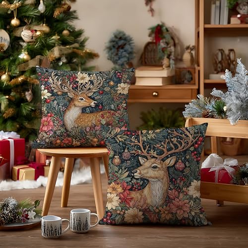 EUYTHNGYF Reindeer-2 Vintage Christmas Floral 18x18 Pillow Covers Set of 2