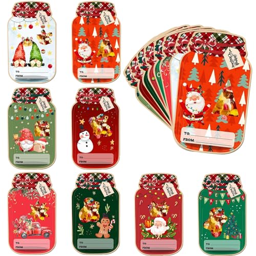 48 Pack Christmas Mason Jar Cards 8 Design DIY Candy Cards with 50 Clear Treat Bags for Stocking Stuffers, Kids Christmas Party Favors Supplies, Holidays Classroom Prizes, Exchange Gift