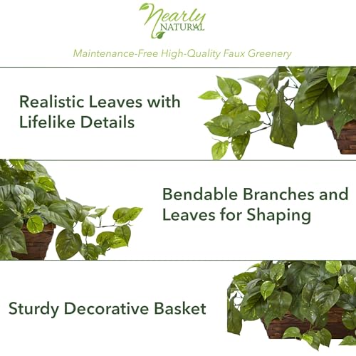 Nearly Natural 34 in Artificial Pothos Ivy Plant with Ledge Basket