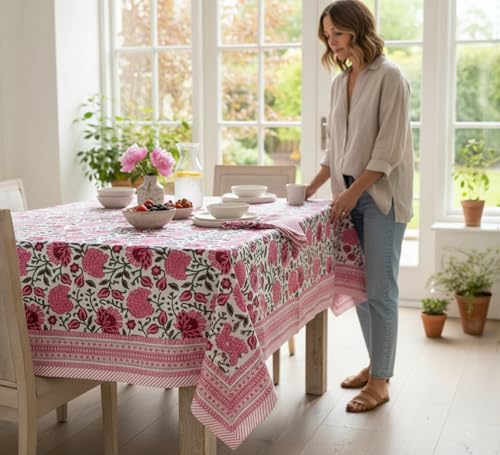 White Ibis Rose Floral Fall Tablecloth 120x72 Inches Hand Block Print, Rectangular Dining Decor