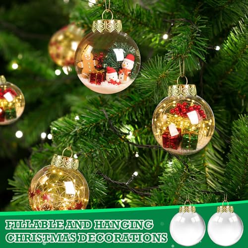 Wettarn 2.36 Inch Clear Fillable Christmas Ornaments Set of 50 with Gold Lid & Rope