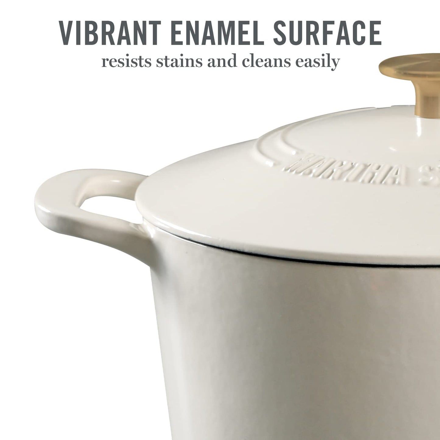 MARTHA STEWART Gatwick 7-Quart Enamel Cast Iron Dutch Oven – Linen White With Gold – Heavy-Duty Dutch Oven for Slow Cooking, Braising & Baking