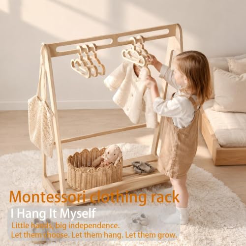 Kids Wooden Clothing Rack with 6 Hangers - Montessori Toddler Wardrobe