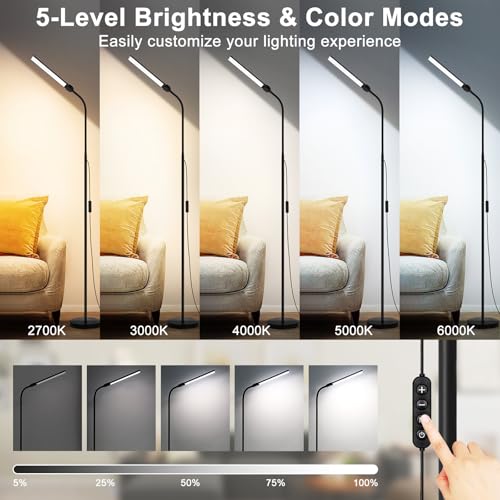 Seaside Village Black LED Floor Lamp with Double Head, Dimmable 18W Reading Light