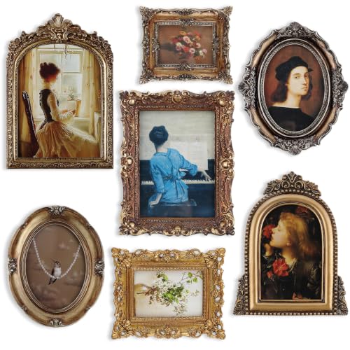 Wonderjune 7 Pcs Vintage Picture Frame Set - Antique Gold Rococo Style, Versatile Wall & Table Display - Variation of THIS listing