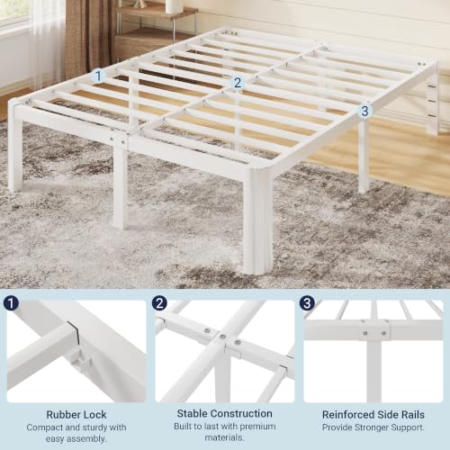 Allewie White Metal Full Bed Frame 14 Inch Tall with Rounded Corners & Storage