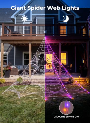 Brightown Halloween Outdoor Decorations - Orange & Purple 255-LED Giant Spider Web Lights Set