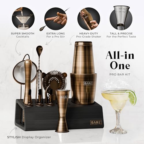 Mixology Bartender Kit Bar Set - 28oz Boston Shaker Brass & Black - 14-Piece Cocktail Barware with Recipe Cards