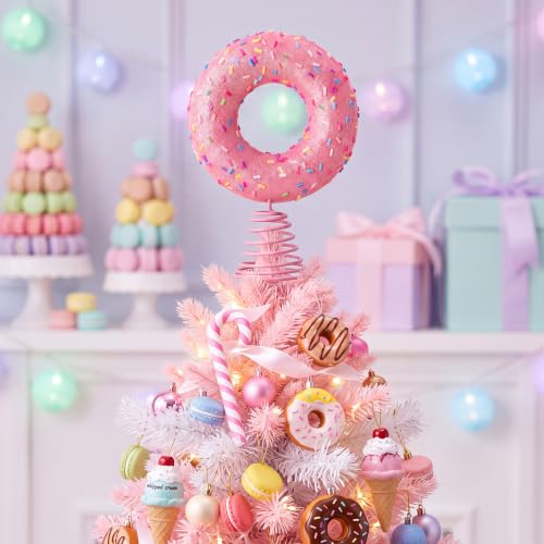 Sonwyoung Pink Donut Christmas Tree Topper – 7.28 x 5.91in with Adjustable Spring Base