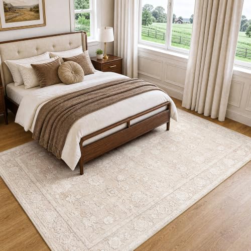 Beige 6' x 9' Floral Area Rug - Neutral Vintage Living Room Carpet