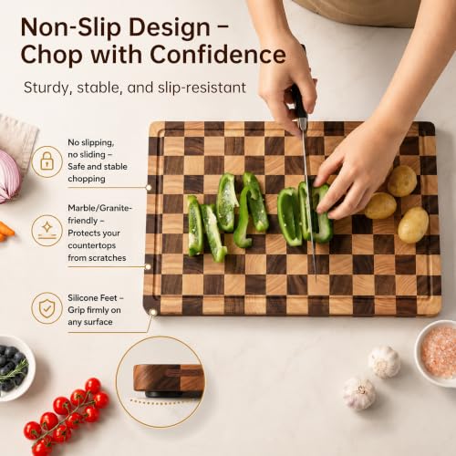 Checkered Walnut Cutting Board Set - 3 Piece Kitchen Prep & Serving Set 17"L x 12"W - Includes Storage Stand