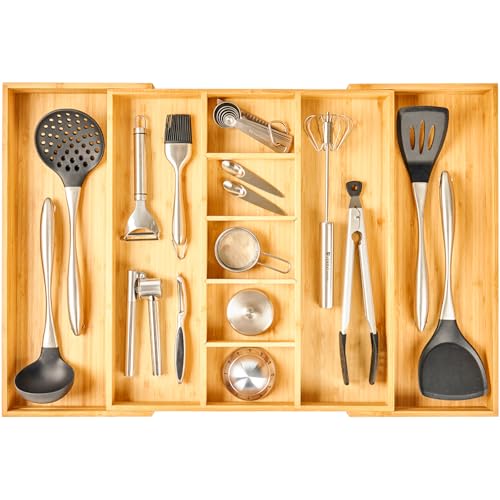 Adjustable Bamboo Kitchen Drawer Organizer for Utensils - 17 to 28 Inch, Extra Large, Flatware Tray