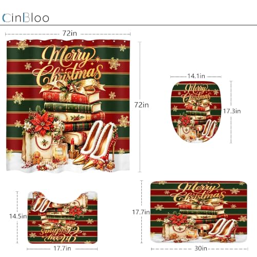 Cinbloo Christmas Bathroom Shower Curtain Set with Rugs A1-Red Green 72x72 Inches, Pack of 4