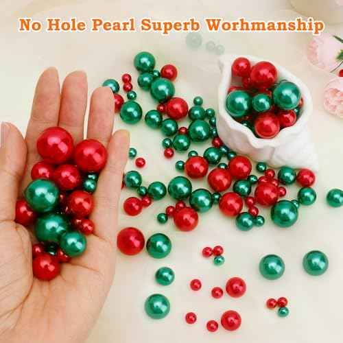 Vase Fillers Red Green No Hole Faux Pearl Beads180 Pcs, Christmas Party Decorations Centerpiece Vase Fillers, Floating Beads for VasesTable Decorations for Birthday Wedding Party 8/14/18/20mm