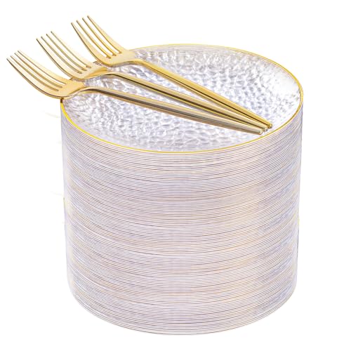 Clear Gold Plastic Dessert Plates 7" with Forks - Hammered Party Set 200 pcs