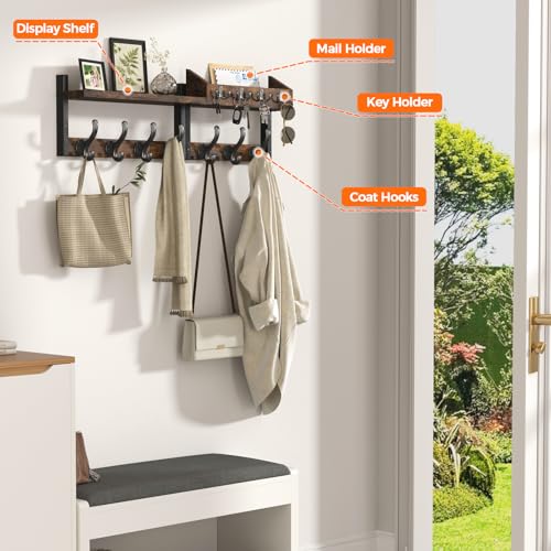 Rustic Brown 29-Inch Wall Mount Coat Rack with Shelf and Hooks - Entryway Organizer