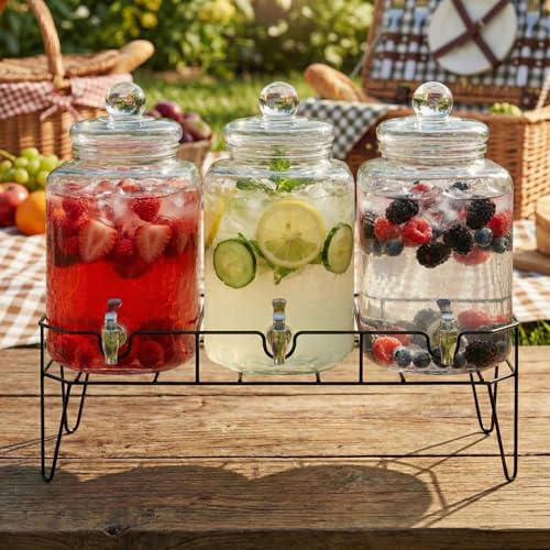 Glass Drink Dispenser Set - 3 x 1.5 Gallon Beverage Dispensers with Stand
