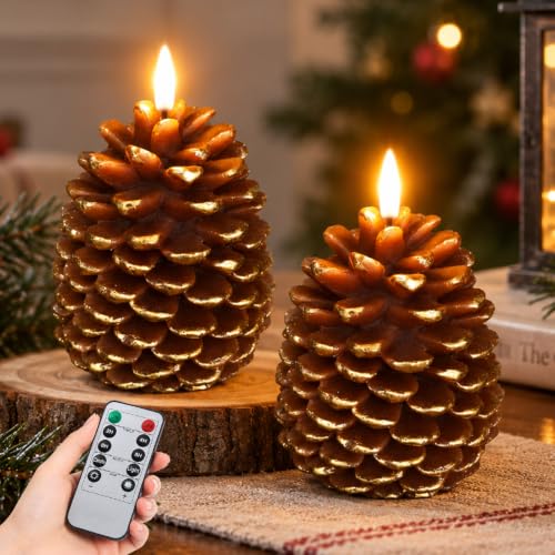 Fo32won Brown Pine Cone Flameless Candles with Remote, Real Wax, 4-inch