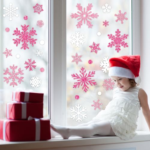Whaline Pink White Glitter Snowflake Window Clings, 9 Sheets - Reusable Xmas Decor