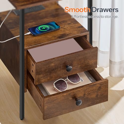 HOOBRO End Table with Charging Station - Rustic Brown & Black Bedside Table with Drawers