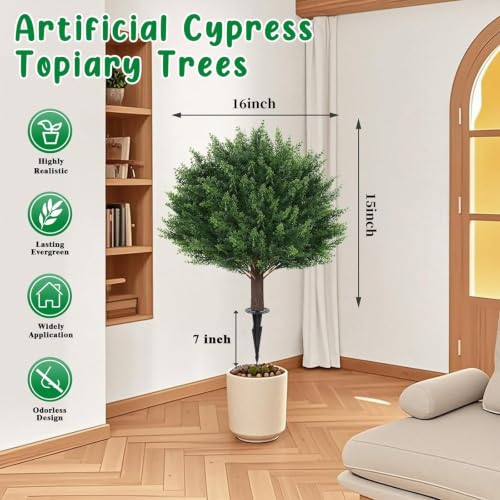 Artificial Cypress Topiary Plants 22 Inches - Cedar 4 Pack with Spike - Outdoor & Indoor Decor