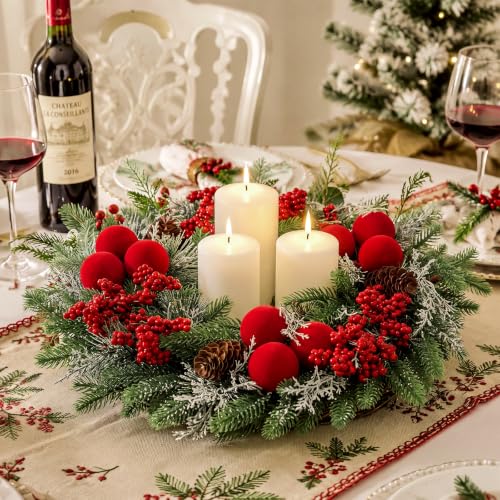 Wavyknot 20inch Christmas Wreath for Front Door - Luxury Pine, Burgundy Velvet Balls & Cedar