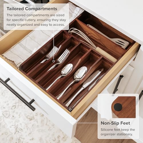 KitchenEdge Acacia Flatware & Utensil Organizer - Natural, Fixed 10.5 In