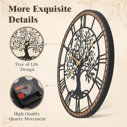 Micasso Large Tree of Life Wall Clock 24 Inch Rustic Farmhouse Decor