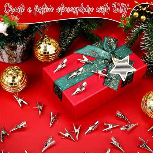 100 Pcs Christmas Tree Ornament Clips Ball Flower Decoration Clip Iron Metal Alligator Spring Clamps Test Line Crocodile Craft Baubles Hooks Hanger for Xmas Decorations 1.18 Inch