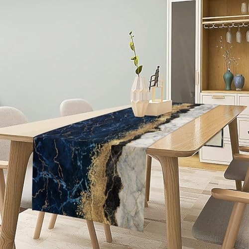DKMQQUL Marble Table Runner 13x36 Inch Navy Blue Gold Abstract Art