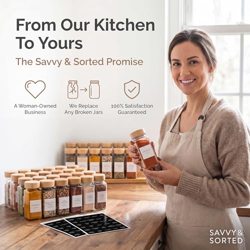 Square Glass Spice Jars with Bamboo Lids - 24 Pack, Labels, Shaker & Pepper Grinder Set