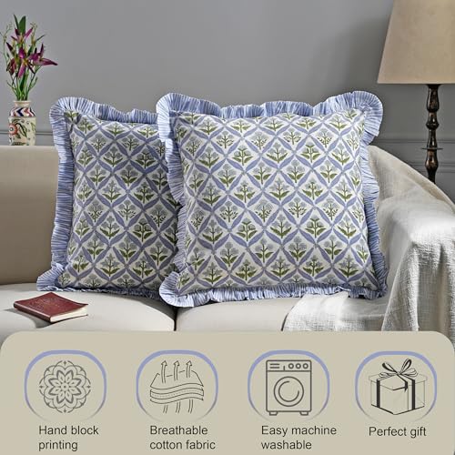 Light Steel Blue Block Print Ruffle Pillow Covers 18x18 Inch Set of 2 - Cotton Decorative Throw Pillows