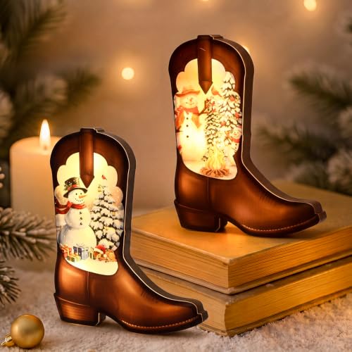Fumete Cowboy Christmas Decor Lighted Boots - 2 Pack Western Holiday Lanterns