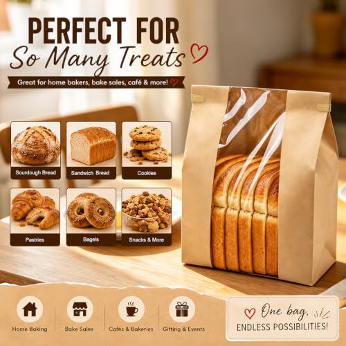 Yellow 200 Pack Large Sourdough Bread Bags with Tin Tie & Stickers - Rustic Bakery Supplies