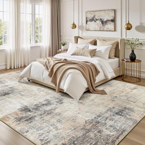Grey and Gold Abstract Area Rug 8x10 - Non-Slip Washable Modern Rug for Living Room