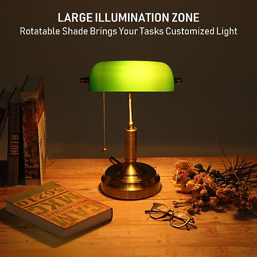 Green Glass Bankers Desk Lamp with Pull Chain - Retro E26 Table Light