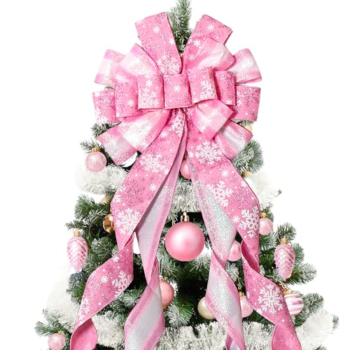Pink Christmas Tree Topper Bow 52x13 Inches with Snowflake Pattern for Xmas Holiday Decor