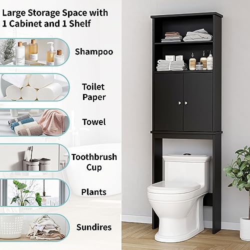 Over The Toilet Storage Cabinet - Bathroom Shelf with 2 Open Shelves & Door Cabinet - Black, Variation: 2 Open Shelves