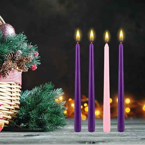 Mega Candles 4 pcs Unscented Christmas Advent Candles Set, Hand Poured Premium Wax Taper Candle 10 Inch x 7/8 Inch, Holidays, Occasions, Events, Festivities, Devotional, Church, Wreath, Party, Gifts