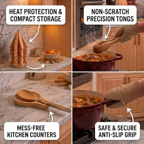 Rynic Beech Wood 10-Piece Trivet Set with Stand & Kitchen Utensils