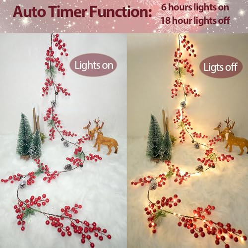 HamiFinee Red Christmas Berry Garland with Lights 6.56FT Indoor Outdoor Decor